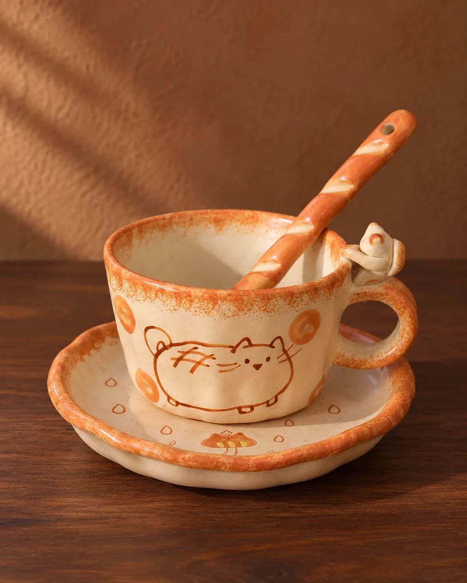Bakery Cat Coffee Cups, Cat cup, saucer and baguette spoon