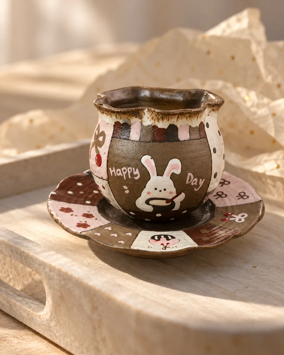 Flower-Rim Cup and Saucer with Painted Animals, close up