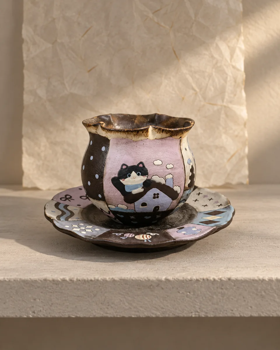 Flower-Rim Cup and Saucer with Painted Animals