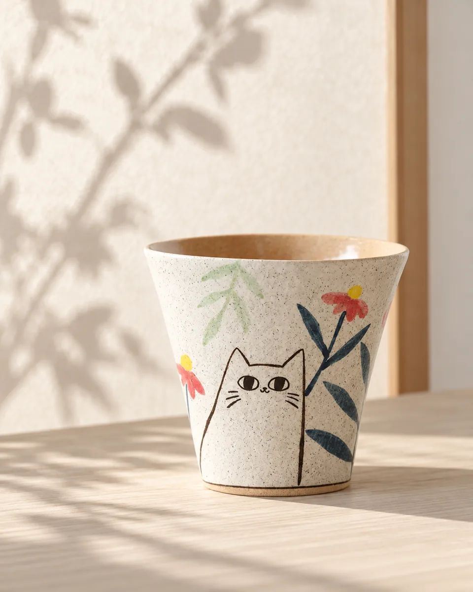 Brush-Painted Cat Cup, close up