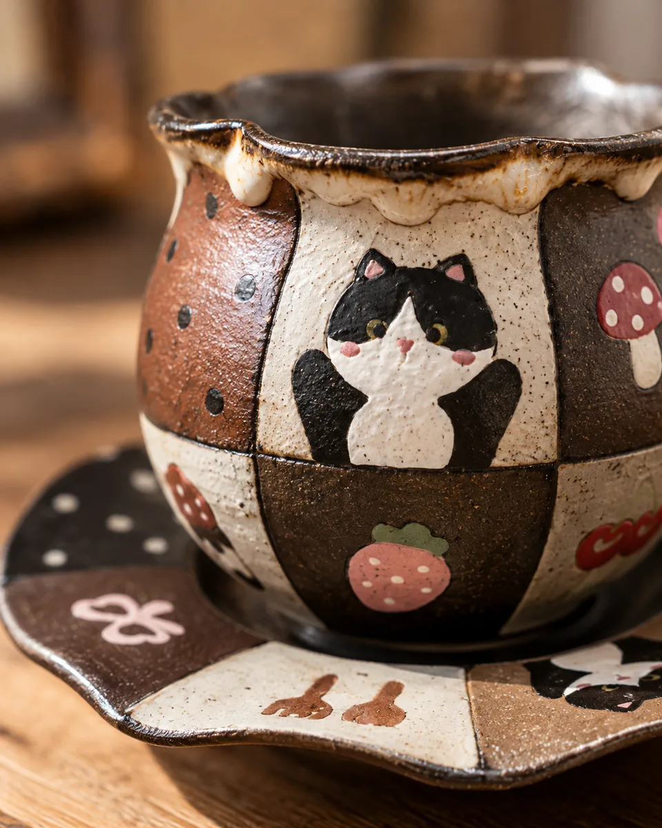Flower-Rim Cup and Saucer with Painted Animals