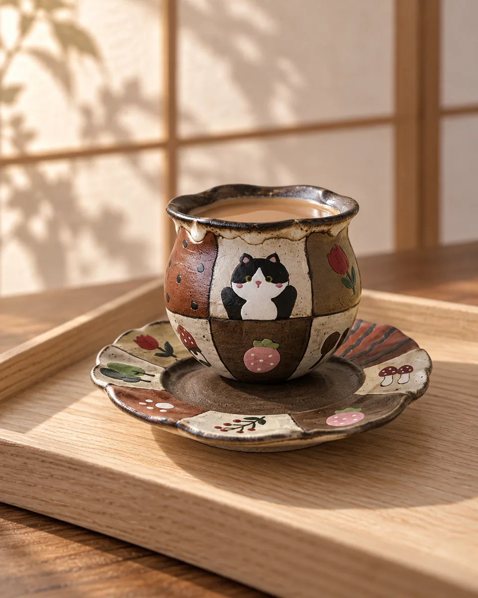 Flower-Rim Cup and Saucer with Painted Animals