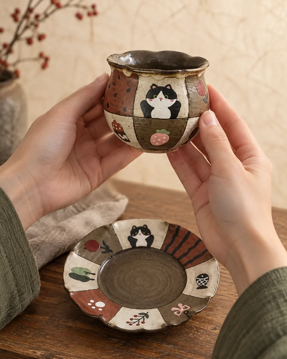 Flower-Rim Cup and Saucer with Painted Animals
