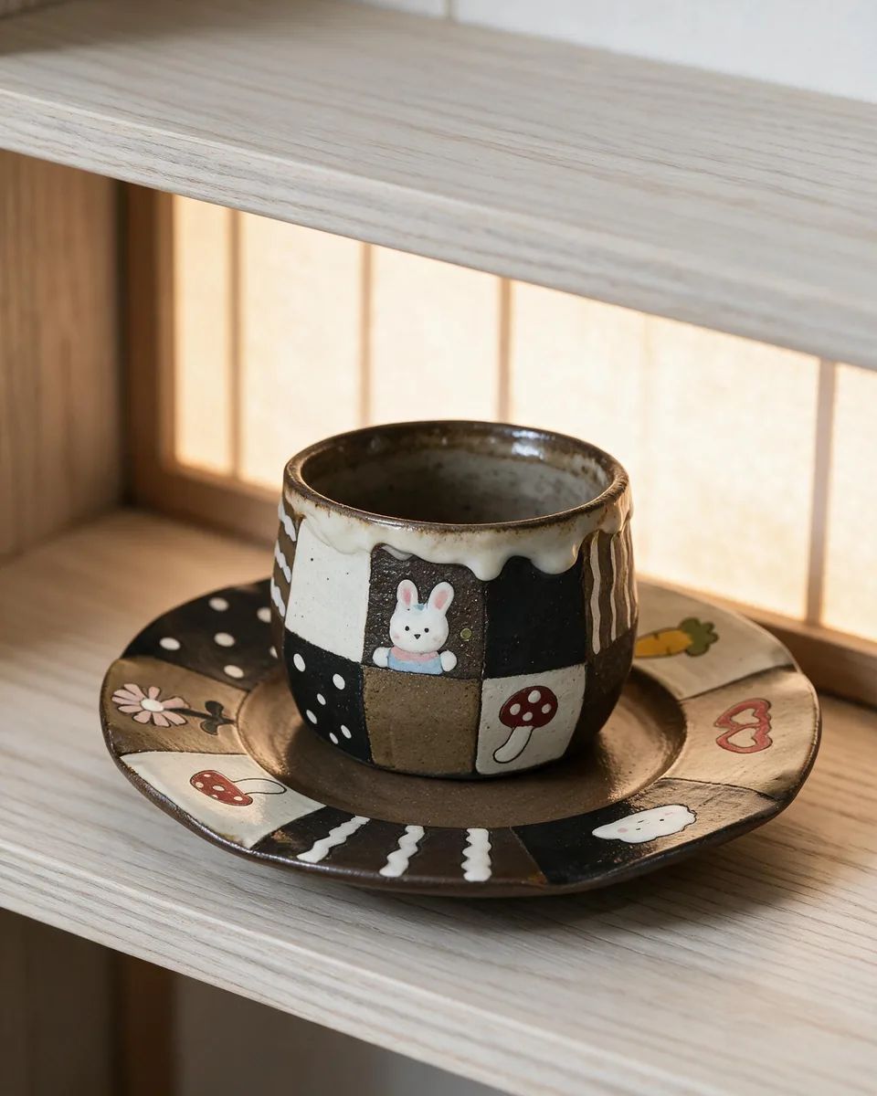 Painted Patchwork Hand Cup, Bunny cup and saucer