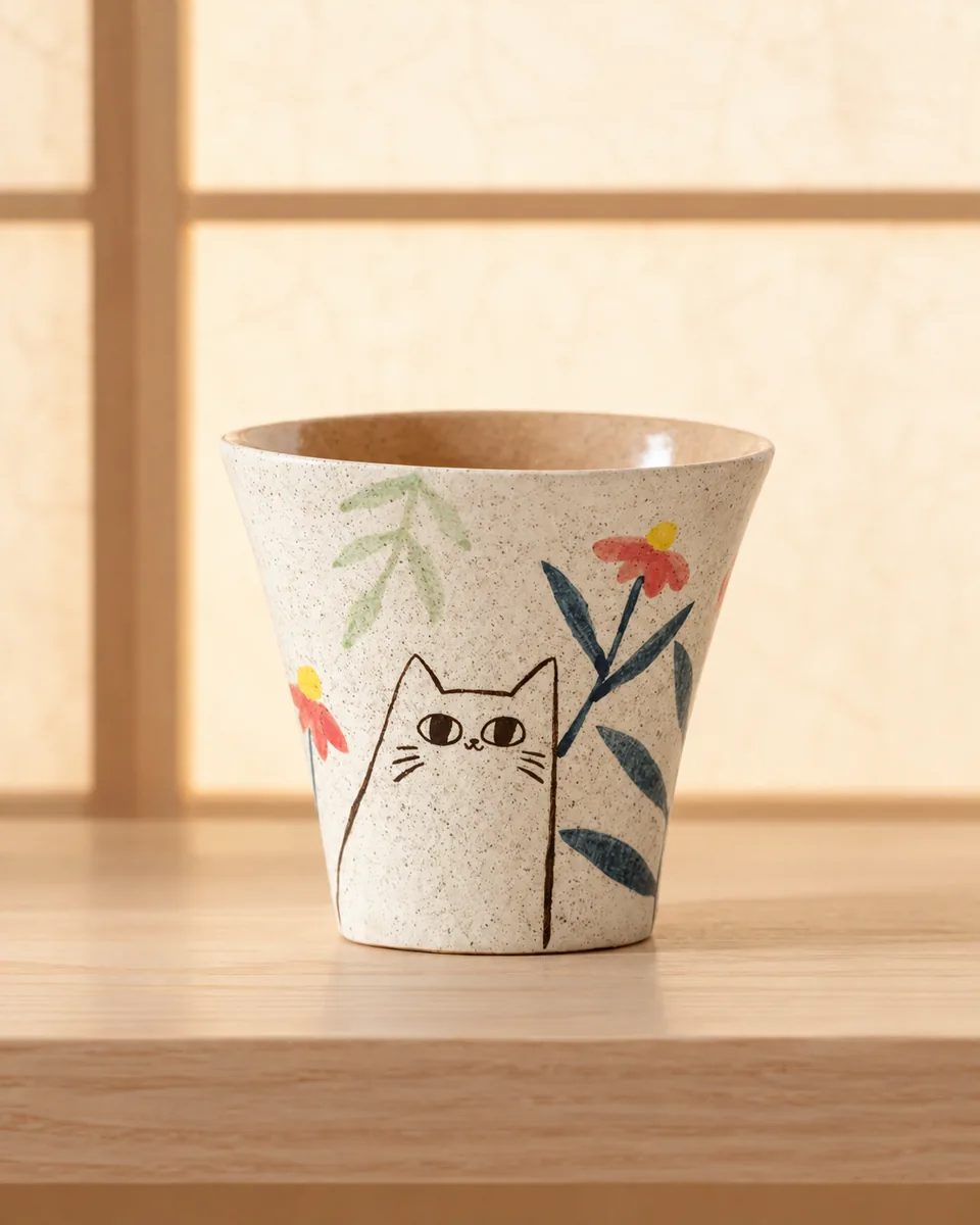 Brush-Painted Cat Cup