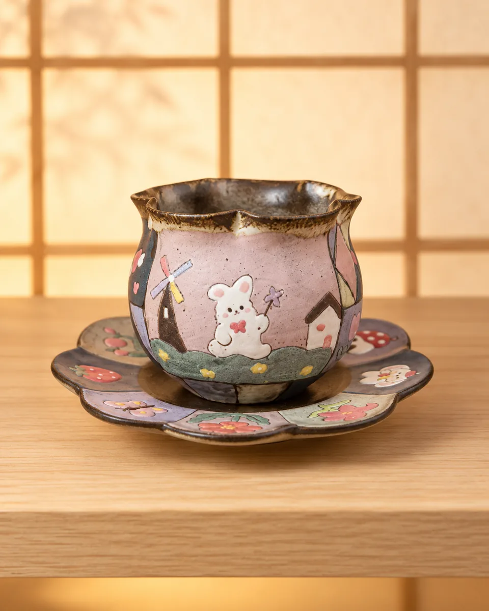 Flower-Rim Cup and Saucer with Painted Animals