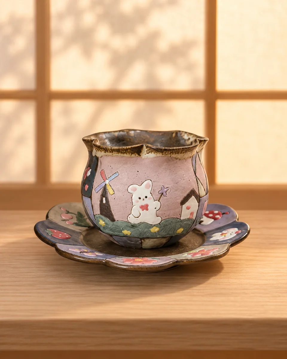 Flower-Rim Cup and Saucer with Painted Animals