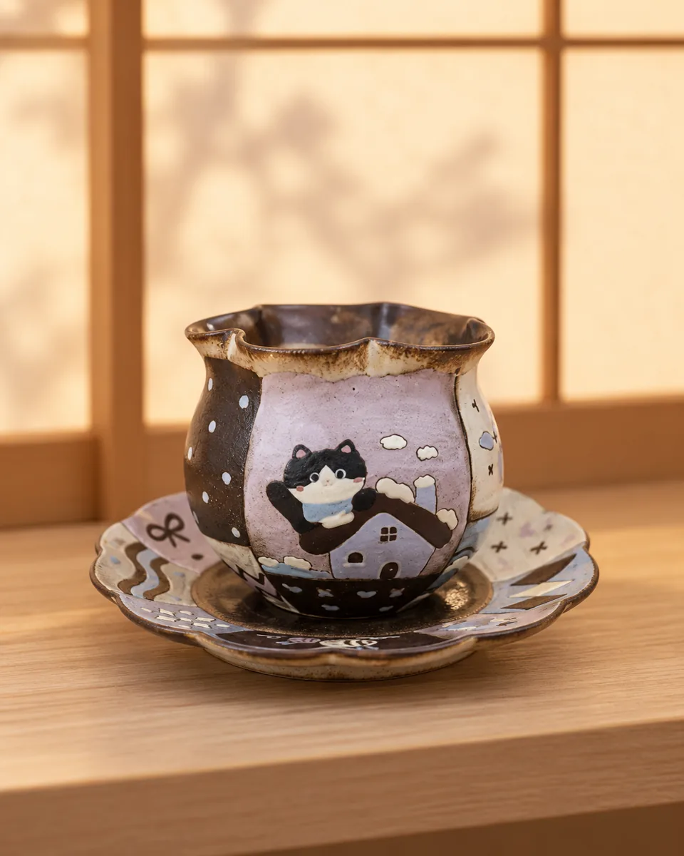 Flower-Rim Cup and Saucer with Painted Animals