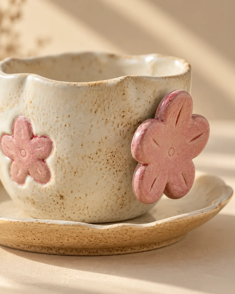 Speckled Cup and Saucer with Raised Painted Motifs, close up