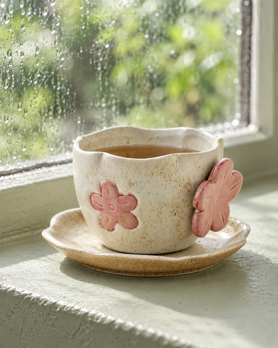 Speckled Cup and Saucer with Raised Painted Motifs