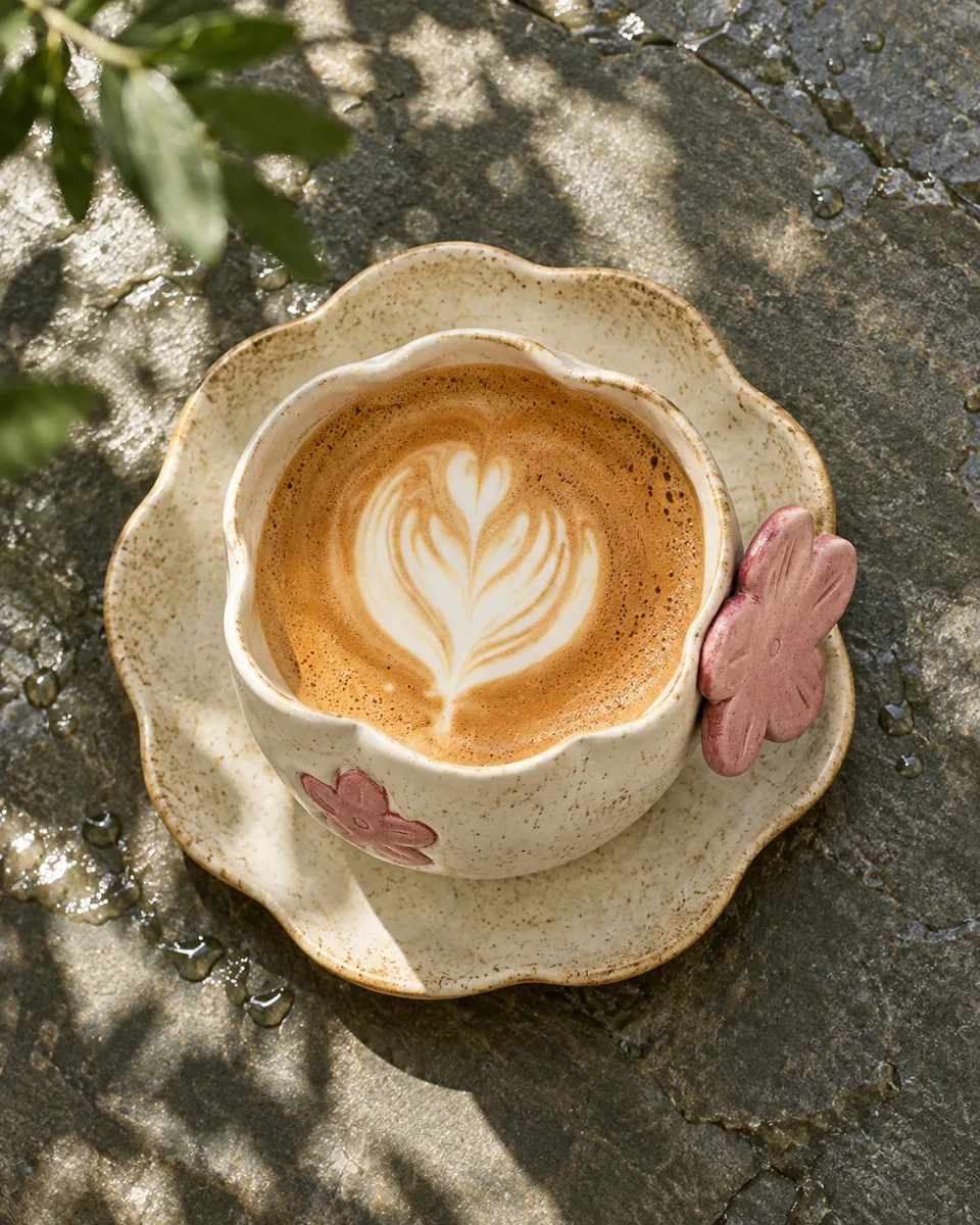 Speckled Cup and Saucer with Raised Painted Motifs