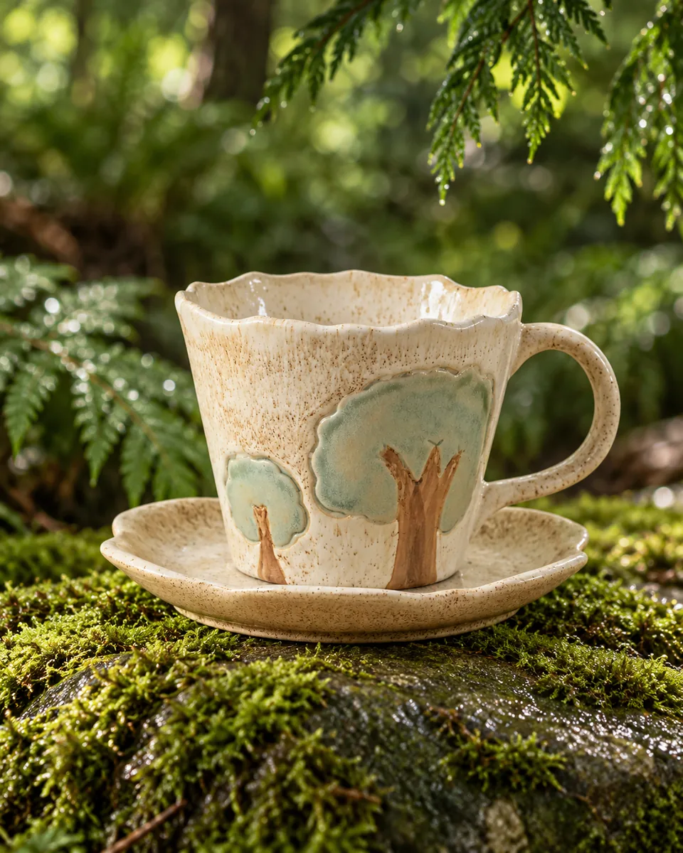 Speckled Cup and Saucer with Raised Painted Motifs