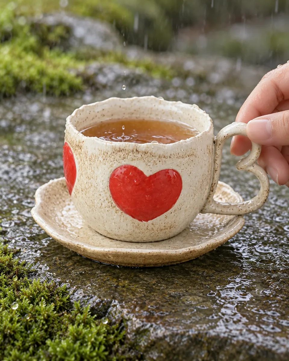 Speckled Cup and Saucer with Raised Painted Motifs