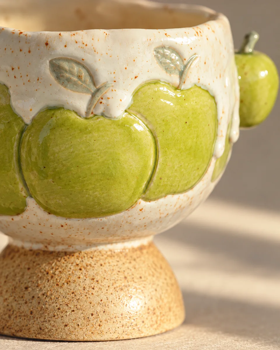 Green Apple Footed Cup and Saucer, close up