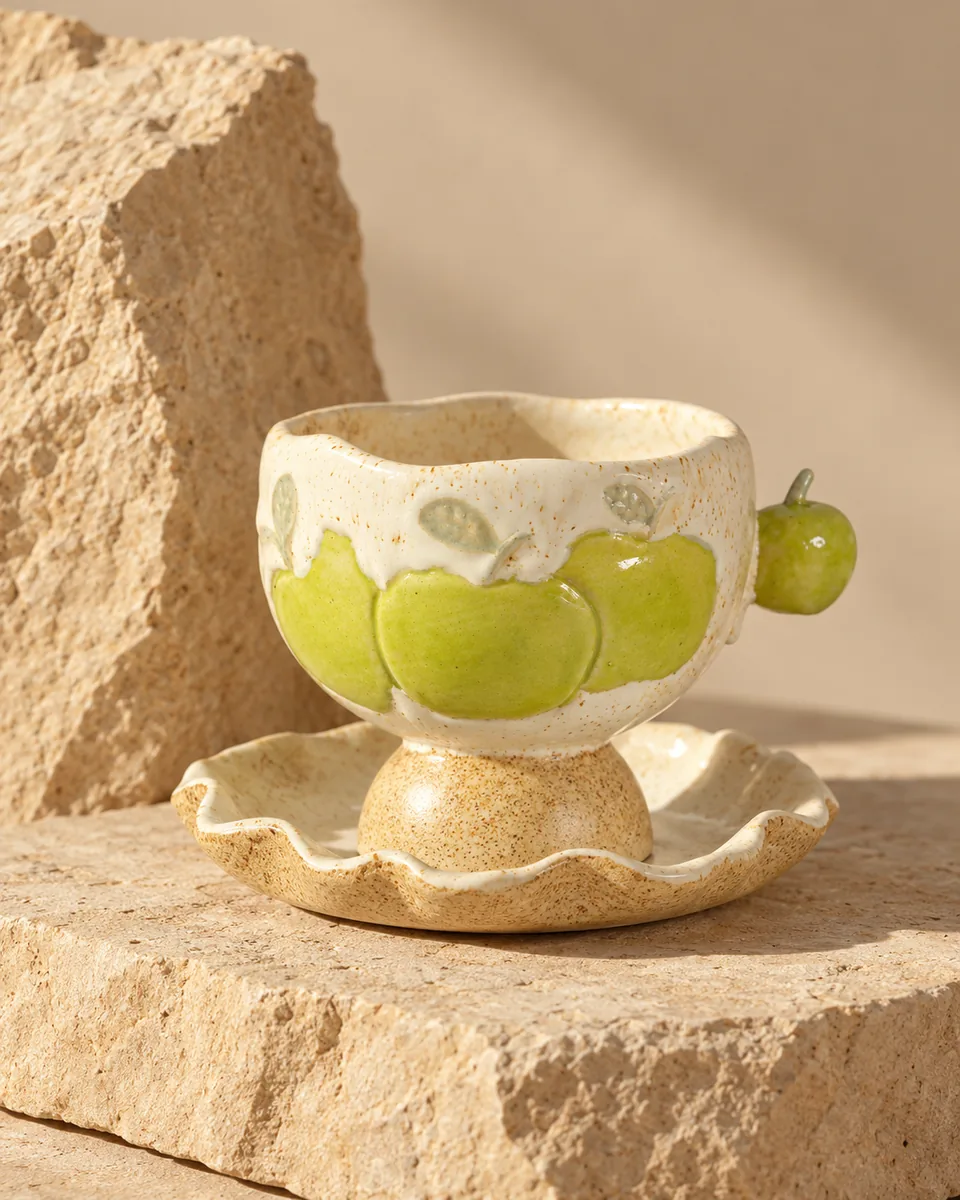 Green Apple Footed Cup and Saucer