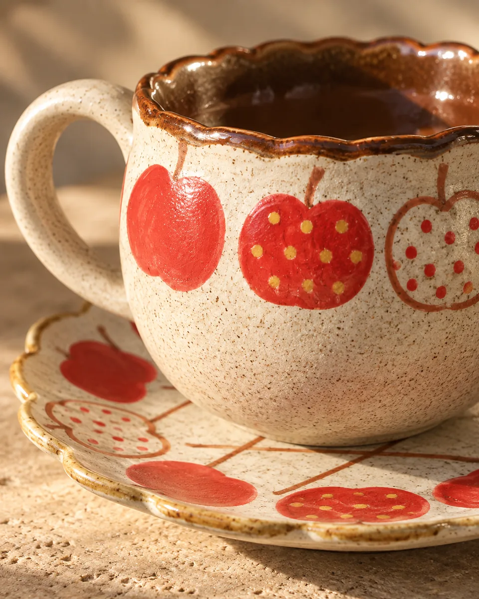 Painted Apple Cup, Plate and Dish
