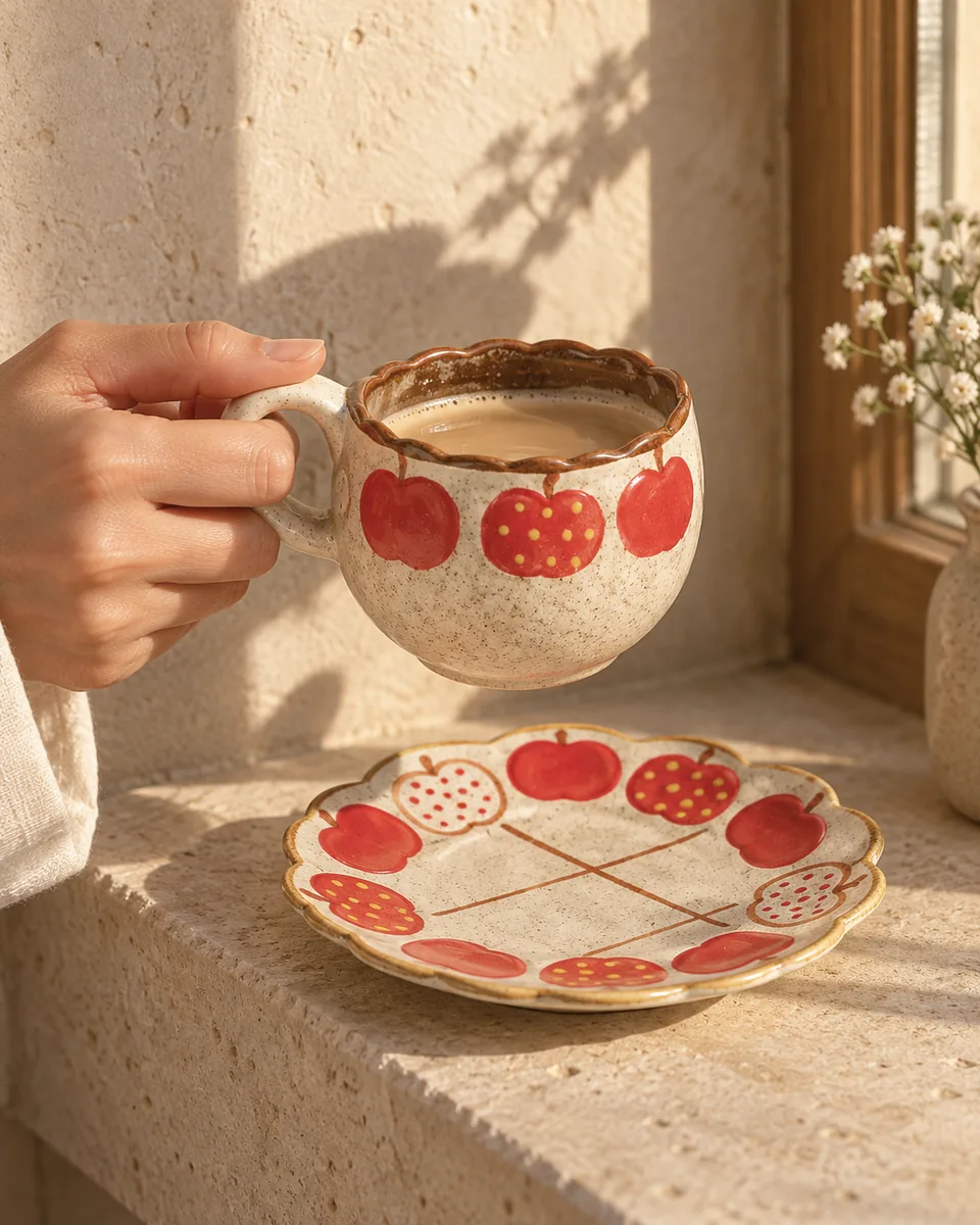 Painted Apple Cup, Plate and Dish