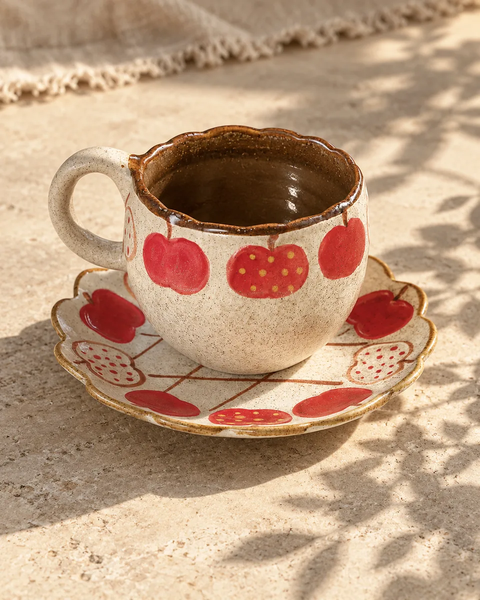 Painted Apple Cup, Plate and Dish