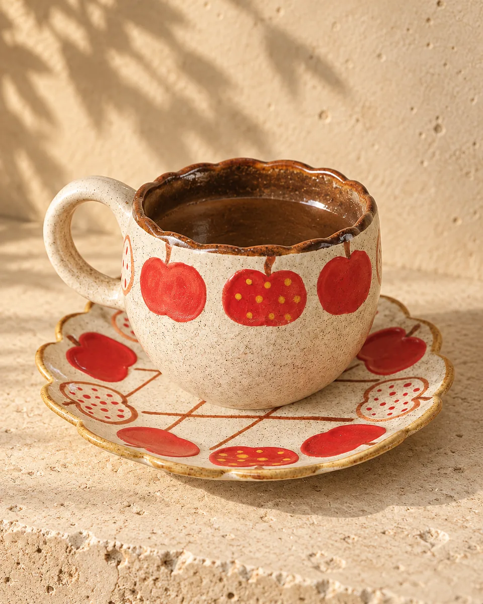 Painted Apple Cup, Plate and Dish, Cup and saucer