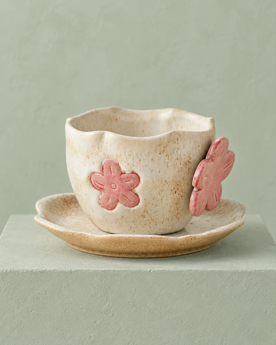 Speckled Cup and Saucer with Raised Painted Motifs, Blossom