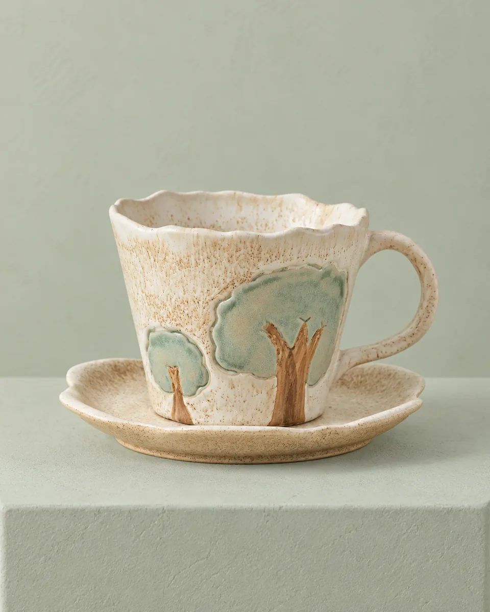 Speckled Cup and Saucer with Raised Painted Motifs