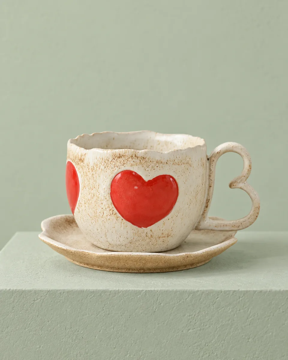 Speckled Cup and Saucer with Raised Painted Motifs