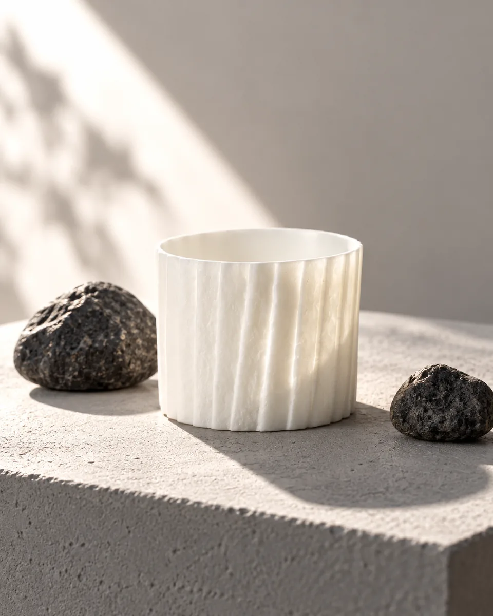 Folded-Paper Porcelain Cups and Milk Pitcher, close up