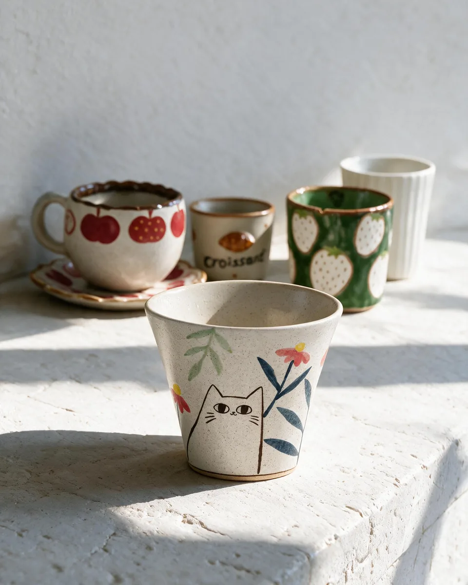 One cup set forward from a row of cups in morning sun
